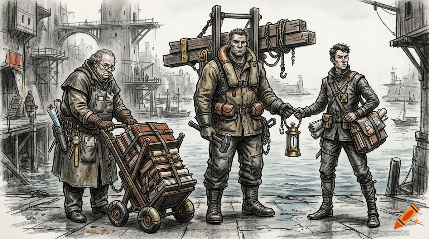 An ink and pencil illustration depicting three people working on a dock by the water, with one man pushing a cart of books, a burly worker carrying lumber, and a younger person holding a lantern.