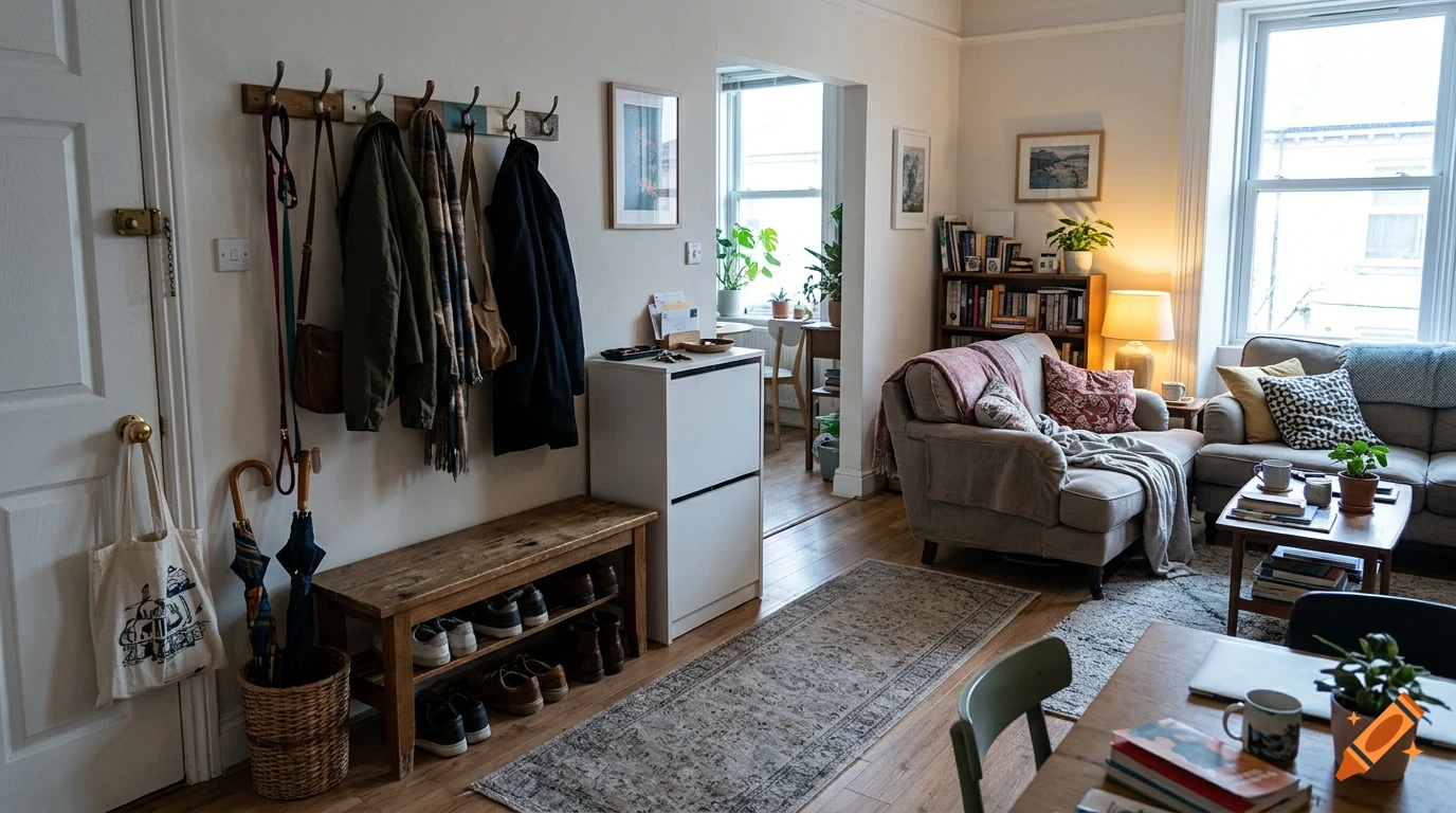 A well-lit and tidy living room interior featuring a couch, a coat rack with jackets, a wooden bench, and a bookshelf.