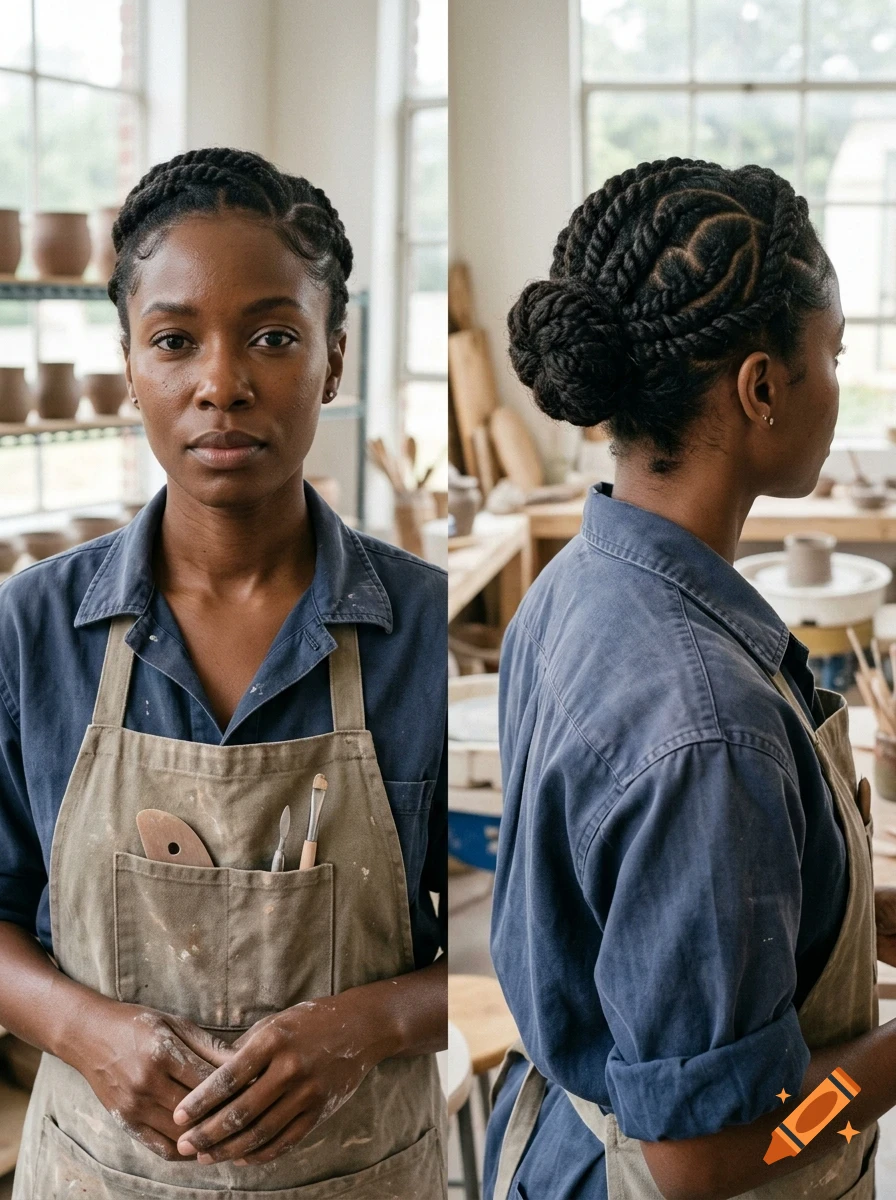 A two-panel photographic portrait of a woman wearing an apron with pottery tools in the pocket, showing her face and her braided hair style from the back.