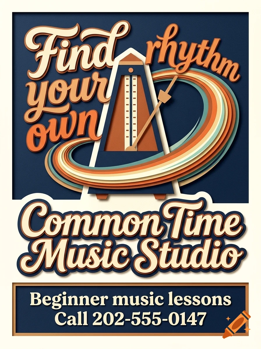 An advertisement for Common Time Music Studio featuring a metronome illustration, colorful arches, and retro typography.