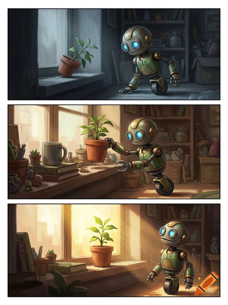 A three-panel comic illustration shows a small robotic character on a wheel interacting with a potted plant on a windowsill indoors.
