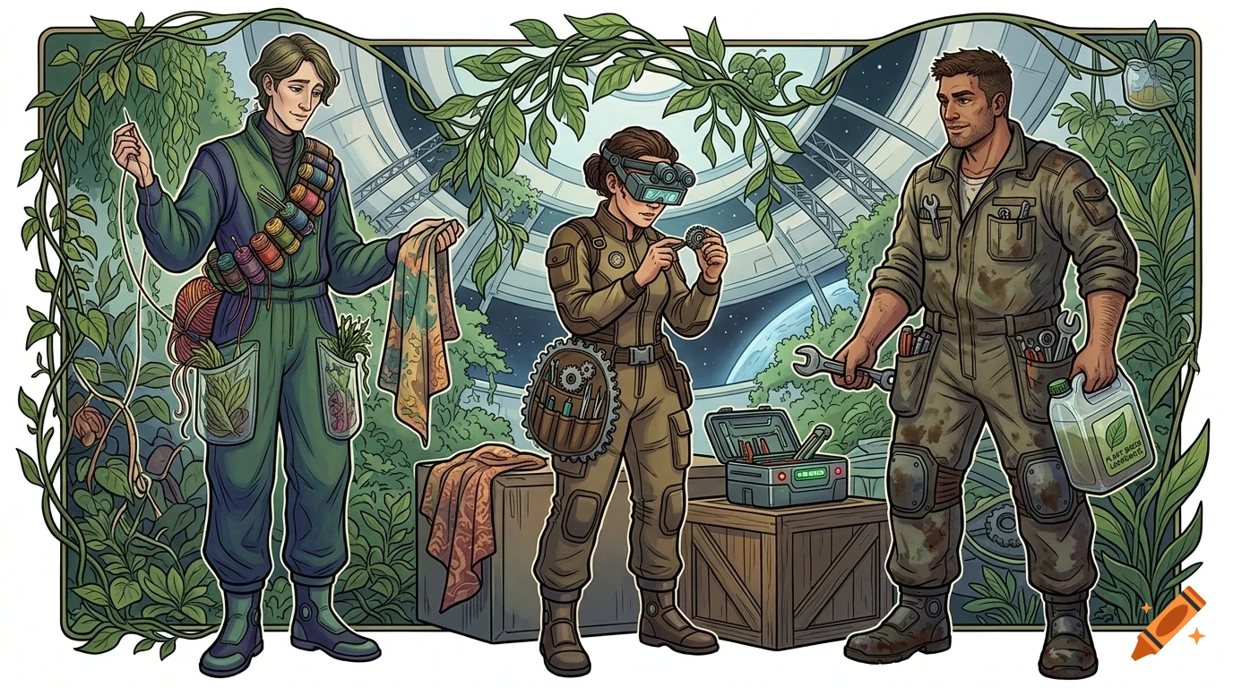 An illustration of three people in utilitarian jumpsuits working in a green, enclosed habitat, surrounded by plants and tools.