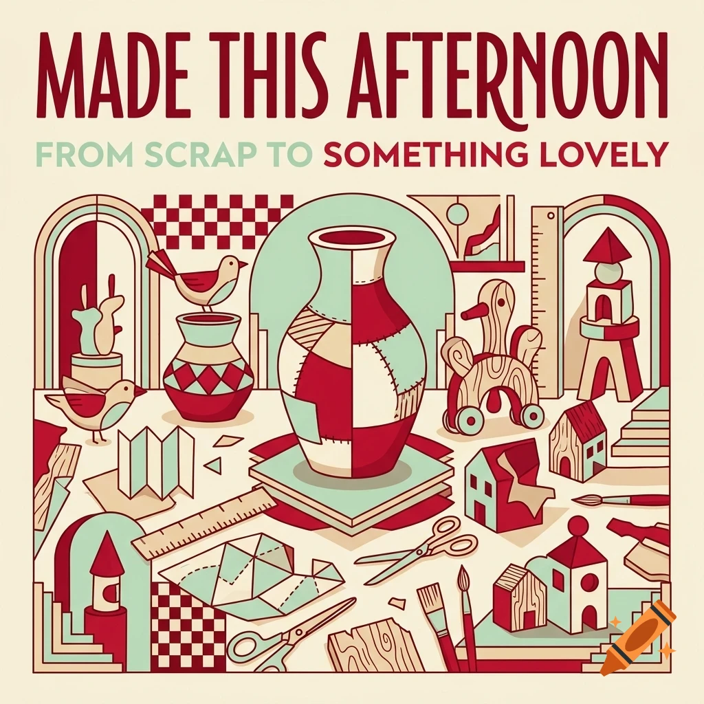 An illustrated design with the text "MADE THIS AFTERNOON FROM SCRAP TO SOMETHING LOVELY" and a flat lay of craft items, toys, and vases.