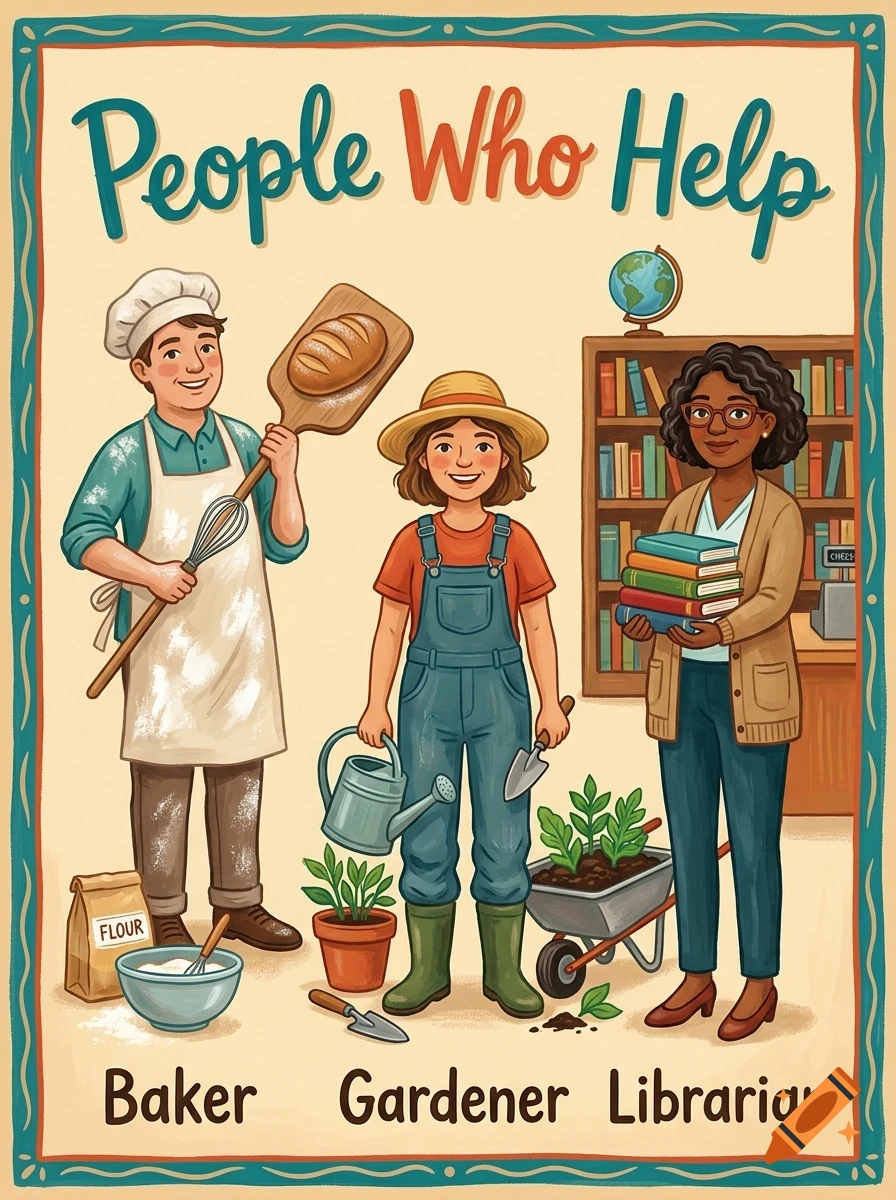 An illustrated poster titled People Who Help featuring a baker holding bread, a gardener with gardening tools, and a librarian holding books.