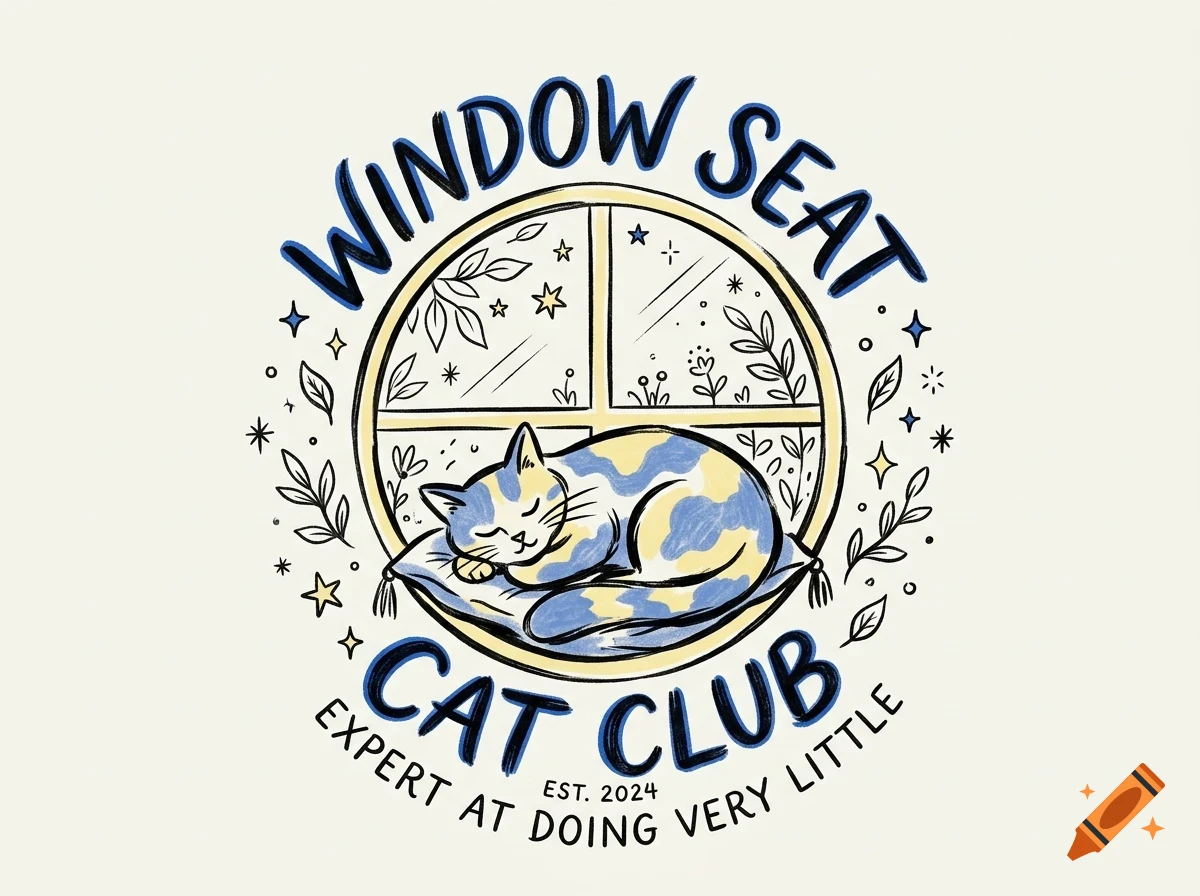 An illustration of a cat sleeping on a cushion in front of a round window, surrounded by foliage, stars, and the text WINDOW SEAT CAT CLUB.