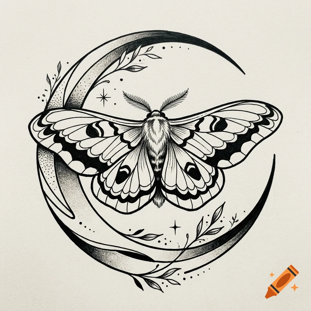 A black and white ink drawing of a moth centered in front of a crescent moon, decorated with small leaves and stars.