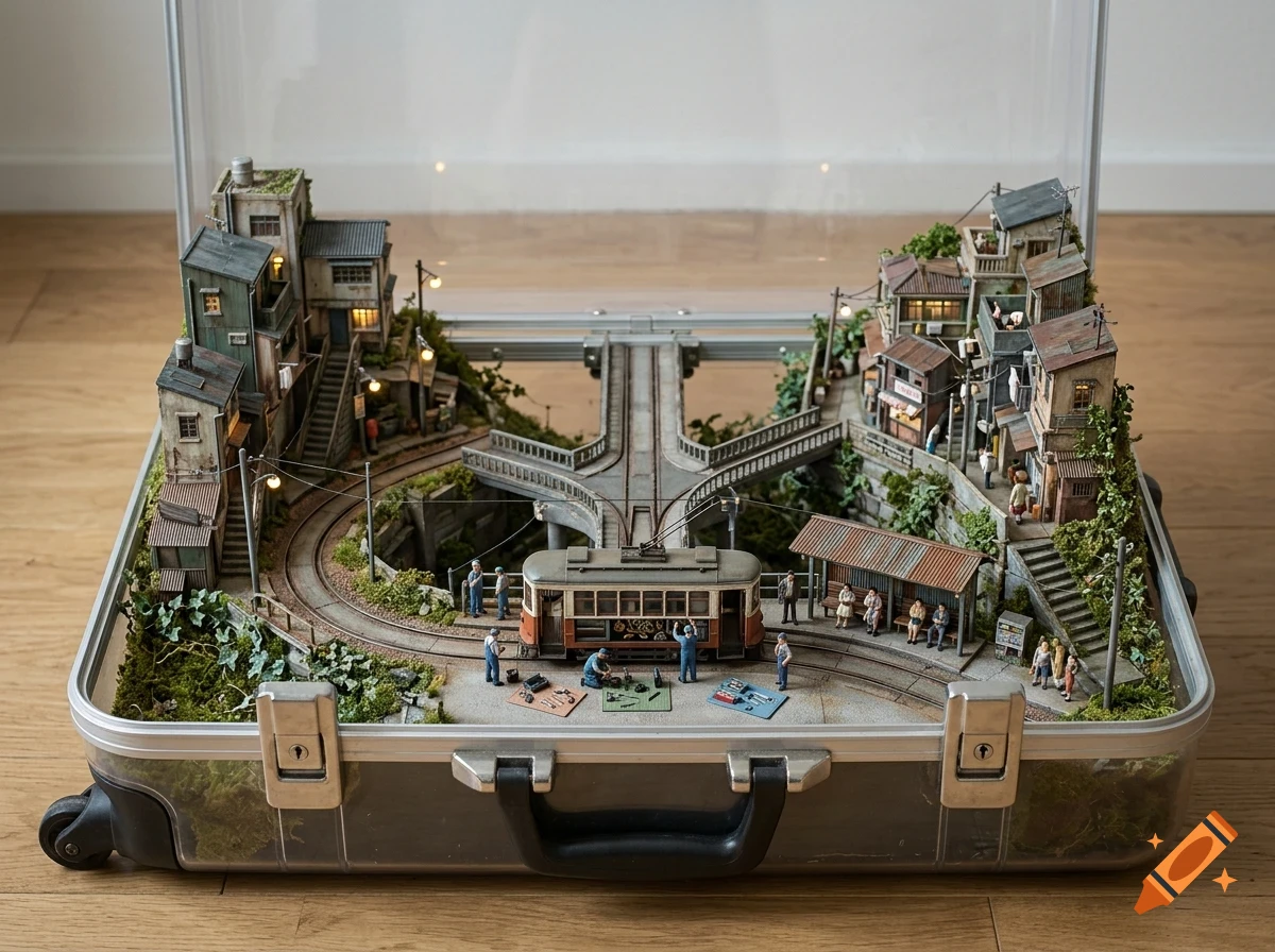 A detailed miniature diorama of a city with buildings, a tram, and tiny figures built inside an open suitcase.
