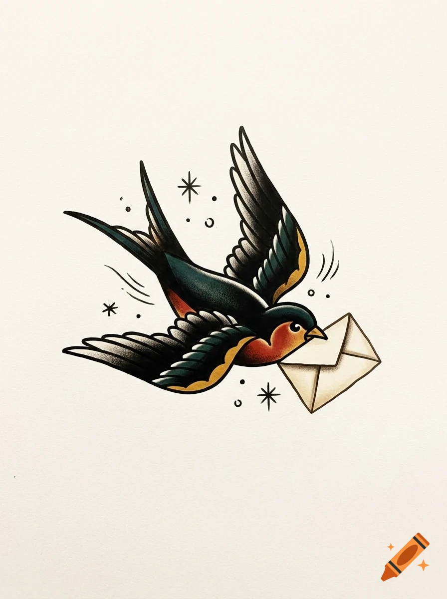 An illustrative traditional tattoo flash of a swallow flying while carrying an envelope in its beak.