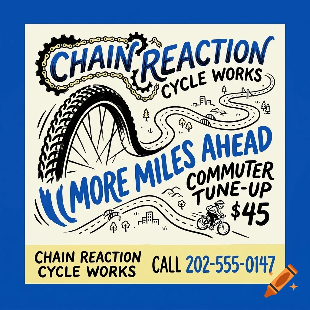 An illustrated poster for Chain Reaction Cycle Works featuring a bicycle tire, winding road, and lettering.