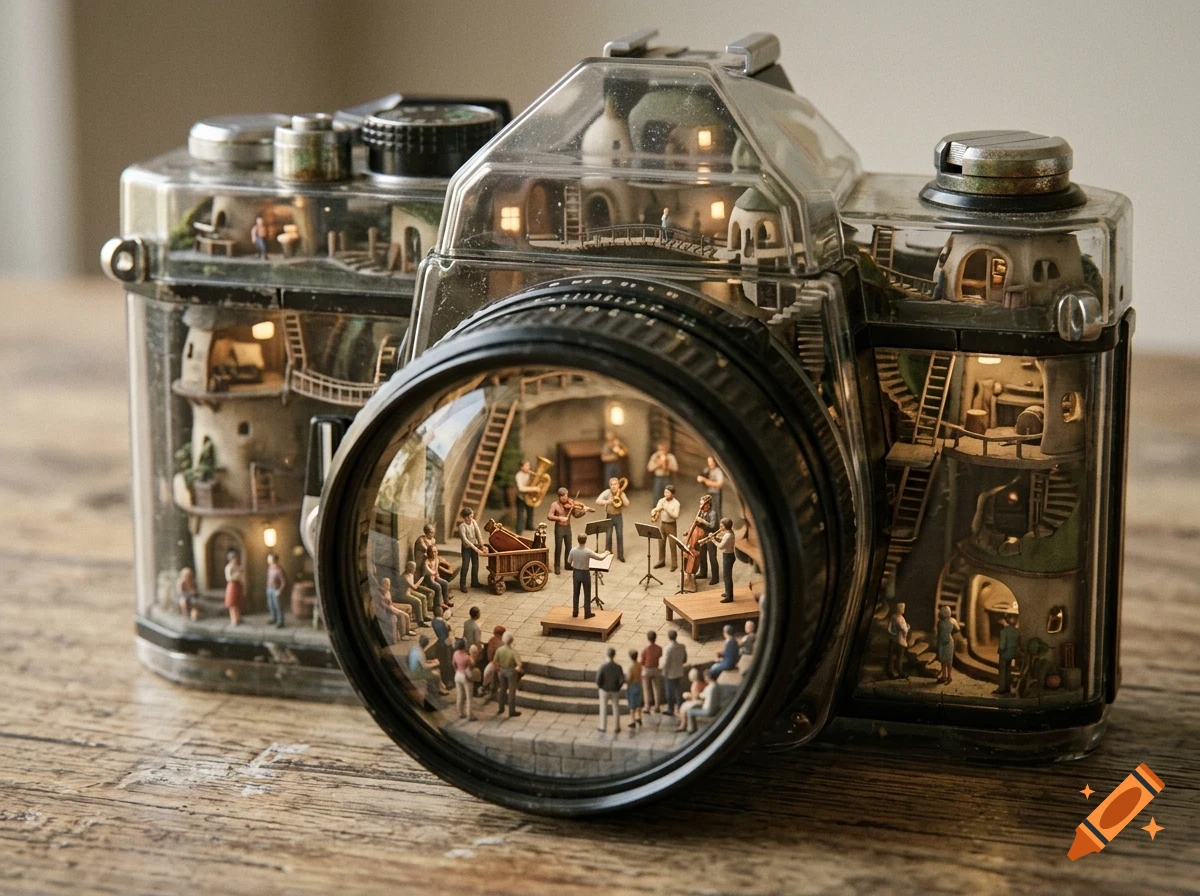 A miniature world built inside a transparent vintage camera, showing tiny people and an orchestra playing inside the lens.