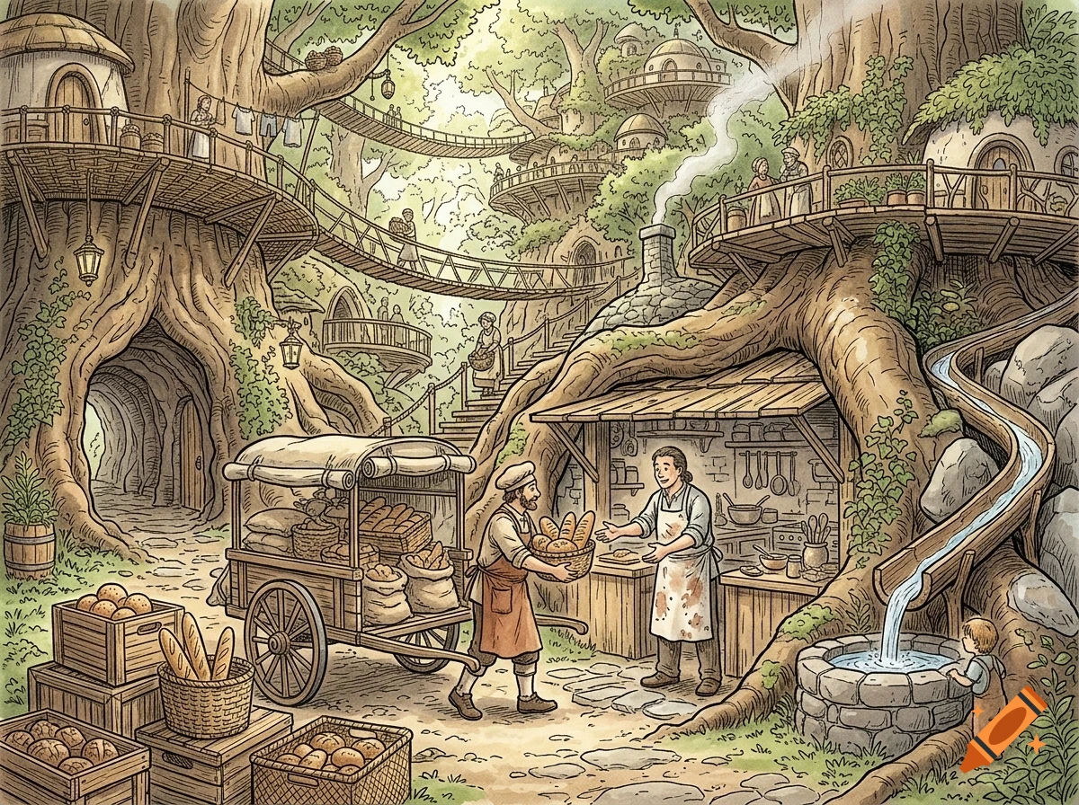 An elaborate fantasy tree village with houses built into massive tree trunks, connected by rope bridges, with people trading bread and goods on the forest floor.
