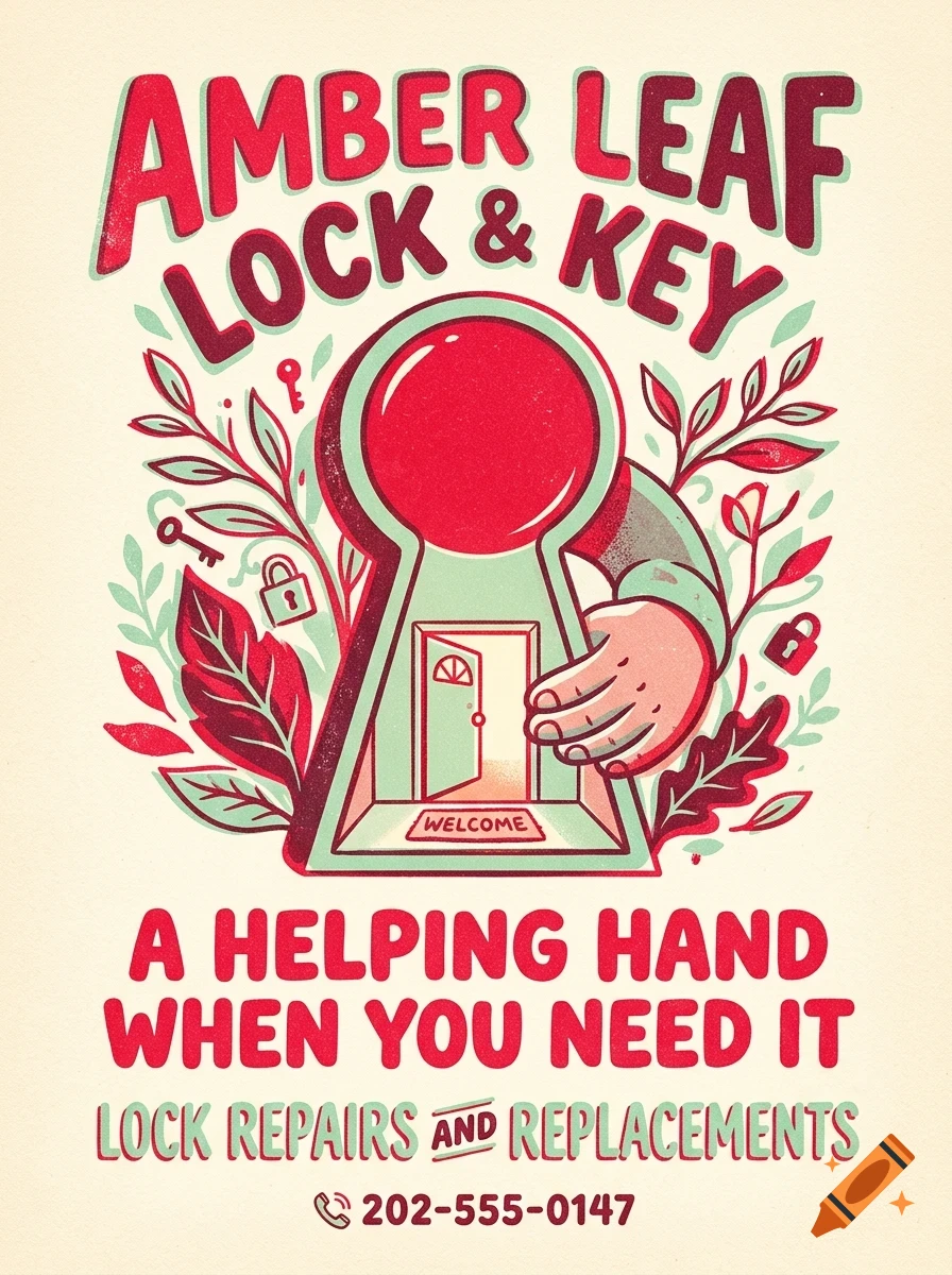 An illustrated poster for Amber Leaf Lock & Key featuring a hand reaching into a keyhole-shaped door, surrounded by leaves and text.