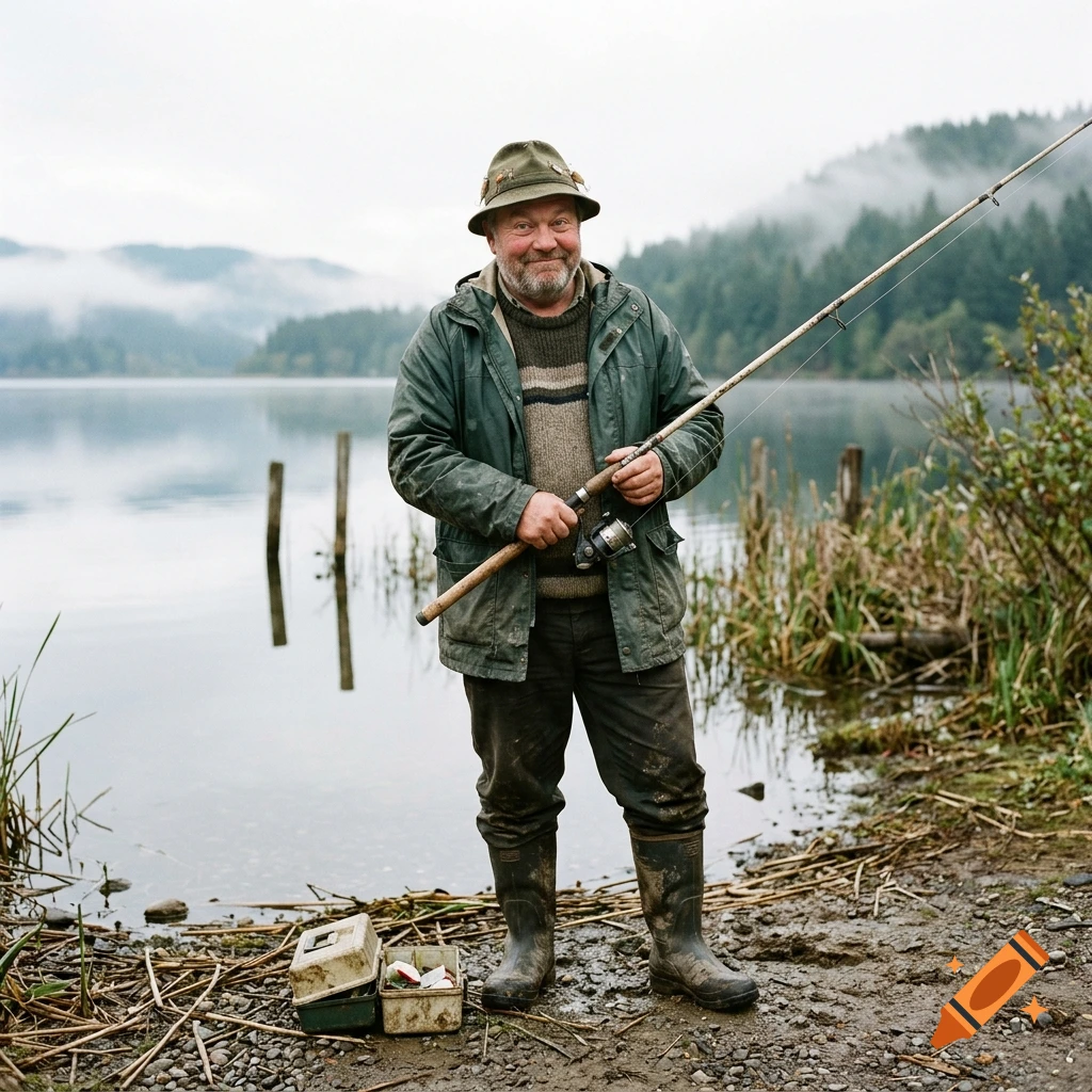 Photorealistic image of a smiling middle-aged fisherman standing by a misty lake holding a fishing rod.