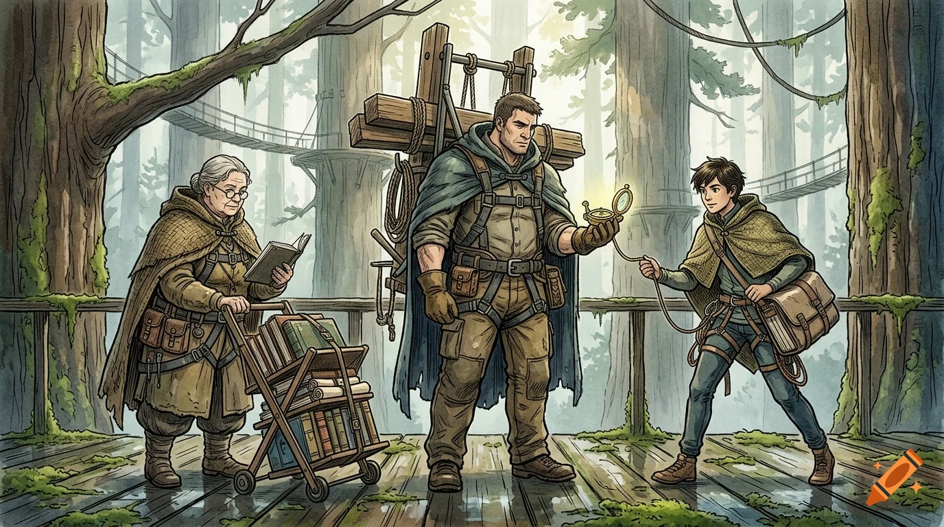 An older woman reading, a large man carrying equipment and holding a glowing compass, and a boy holding a rope connected to the compass on a wooden walkway in a forest.