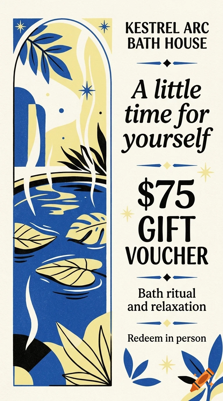 A gift voucher design for Kestrel Arc Bath House featuring an arched illustration of a bath with leaves and typography.