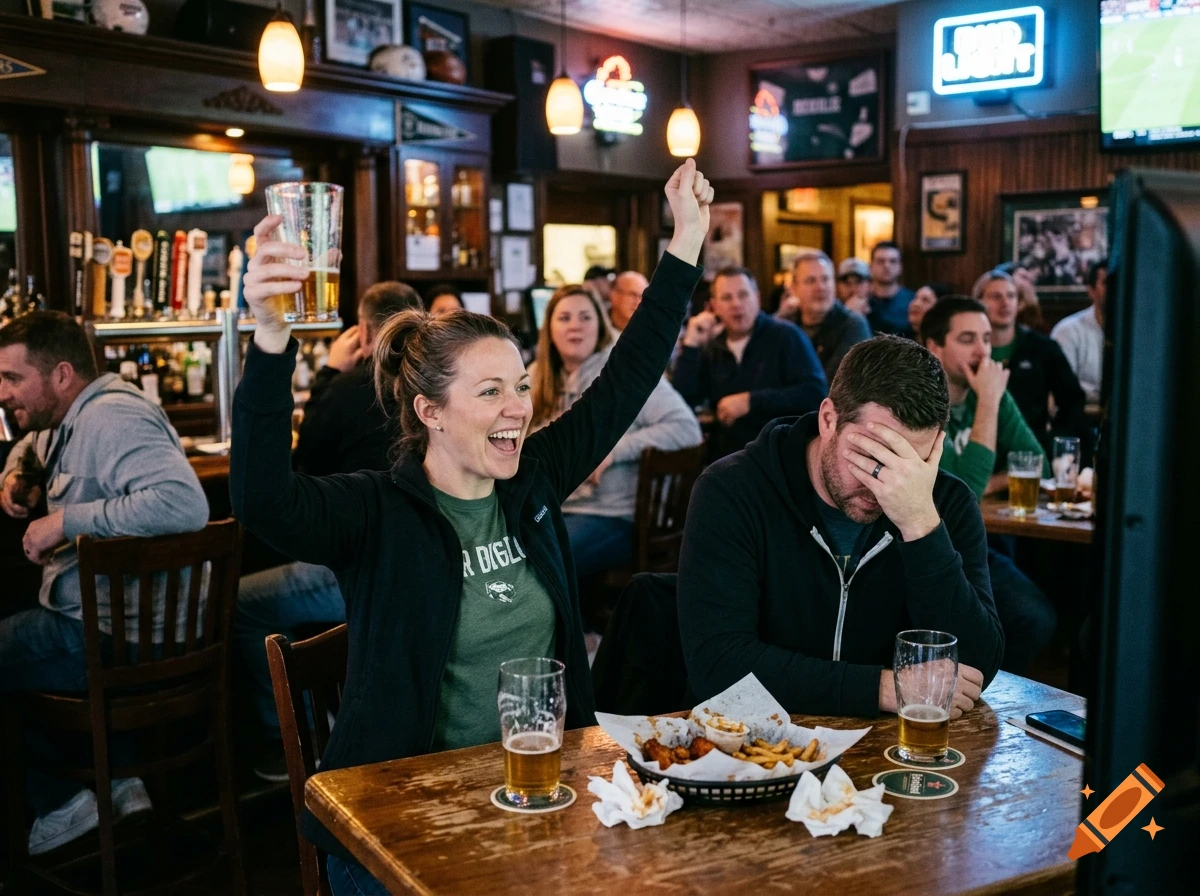 Photorealistic image of a man and woman at a bar watching sports, the woman celebrating with her arm raised and the man covering his face.