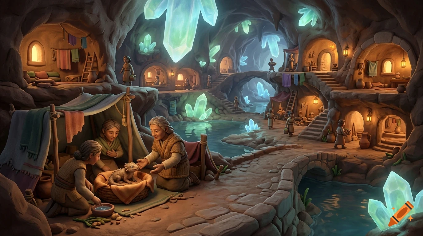 An underground fantasy village inside a large cave system lit by glowing blue crystals, featuring people interacting, carved stone homes, and small bridges over water.