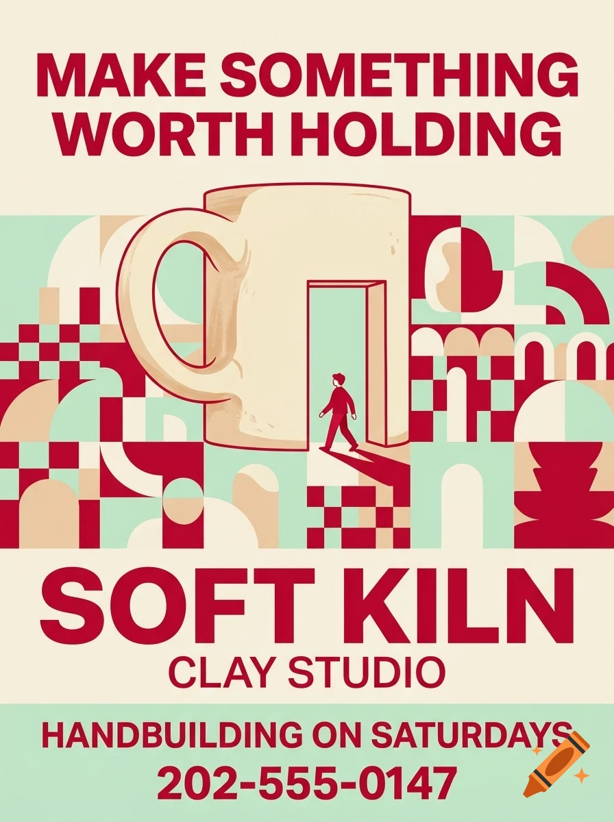 A poster featuring a large mug-shaped doorway with a person walking through it, surrounded by geometric patterns and the text 'MAKE SOMETHING WORTH HOLDING SOFT KILN CLAY STUDIO'.