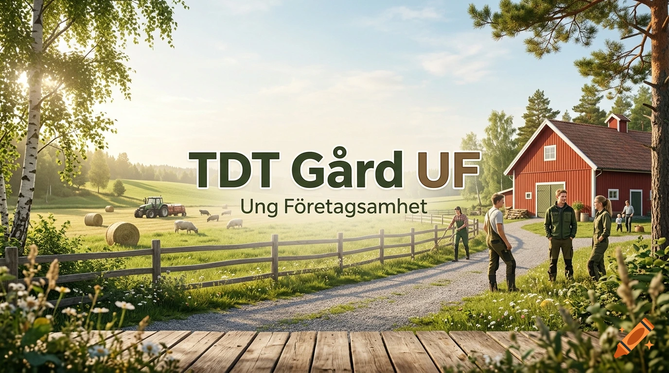 Photorealistic landscape of a farm with a red barn, cows, hay bales, and young farmers standing on a gravel path.