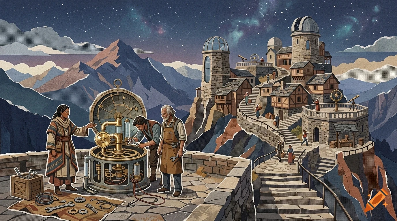 An illustrated mountain observatory complex at night, with people working on a complex machine in the foreground and buildings nestled into rocky peaks.