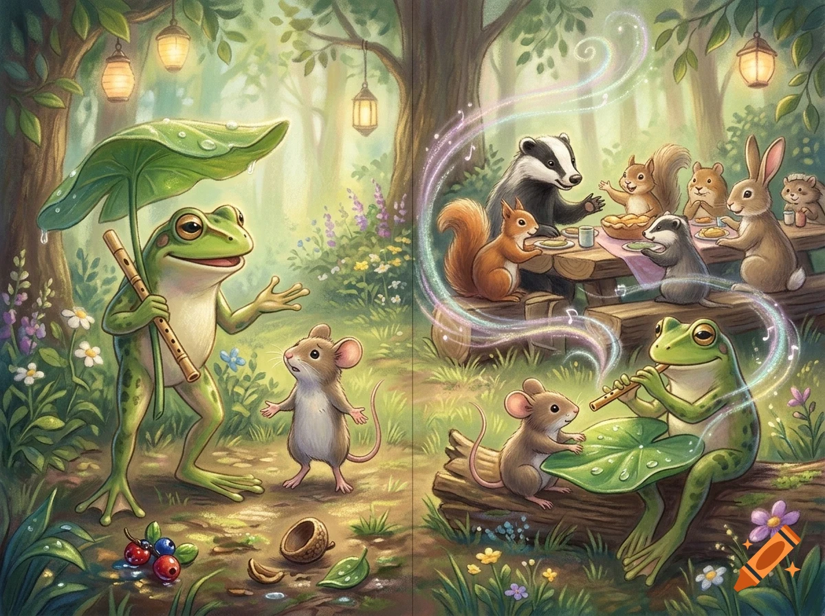 An illustration of forest animals gathering in a woodland, including frogs playing flutes, a mouse, and other animals having a picnic.