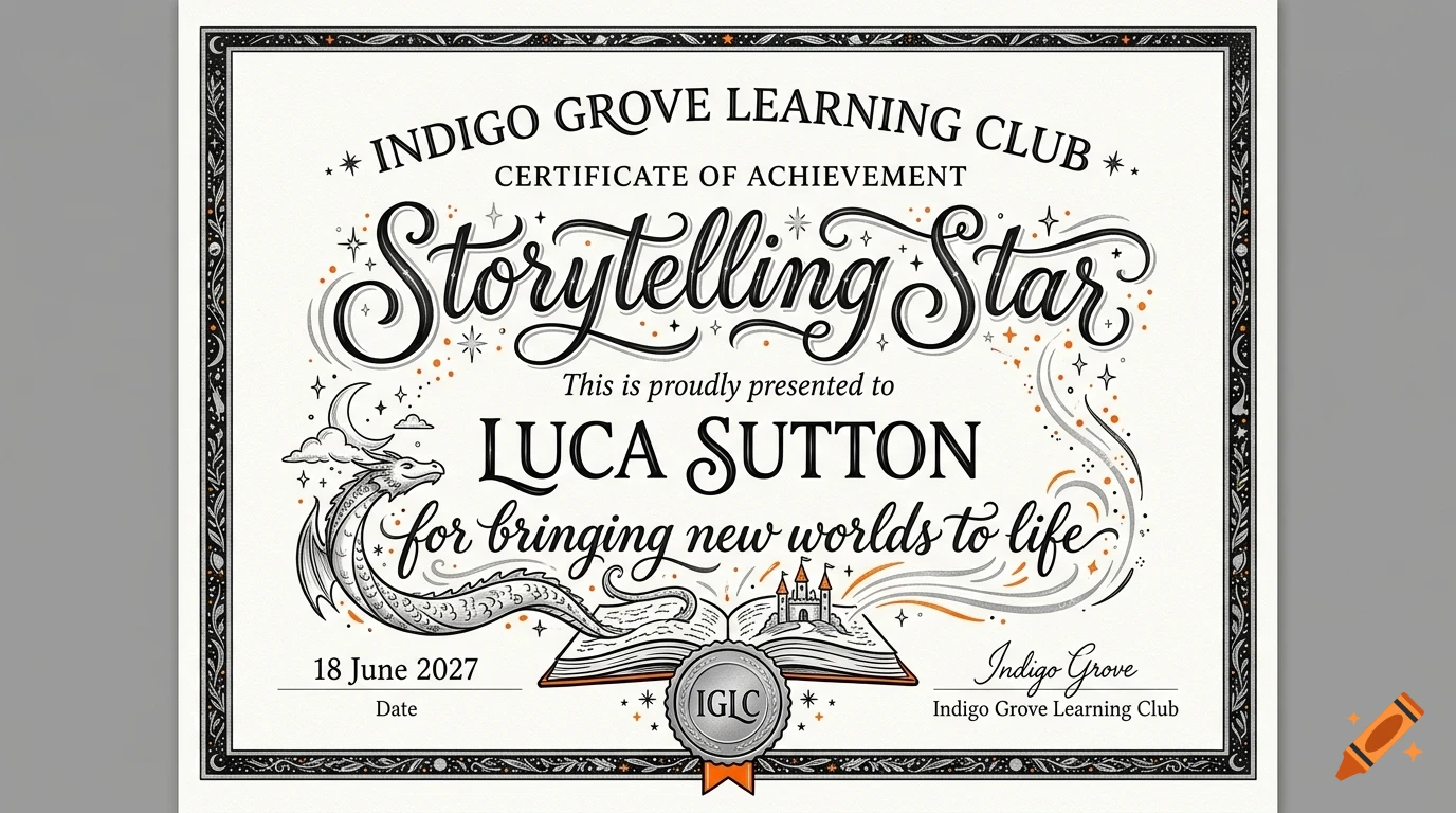A certificate of achievement featuring elaborate calligraphy, a dragon, an open book with a castle, and decorative borders.