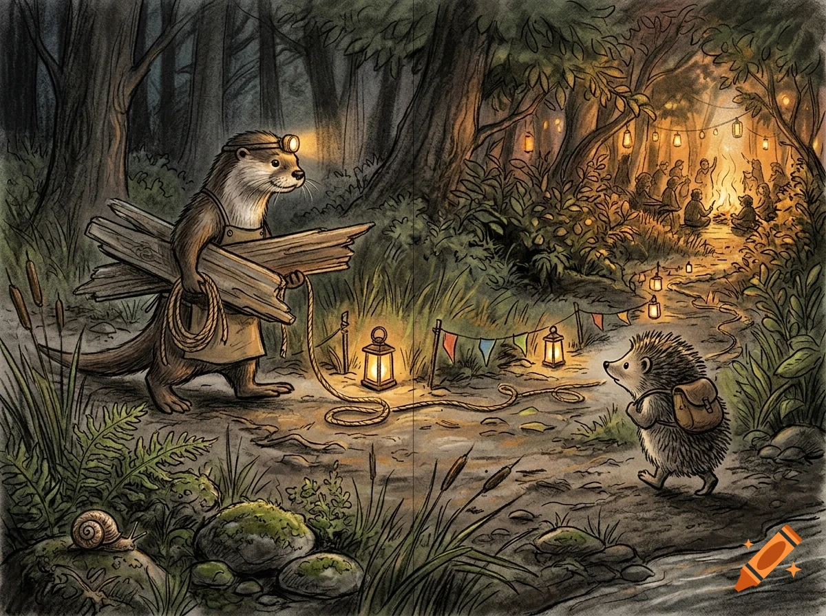 An anthropomorphic otter carrying firewood and a hedgehog facing each other on a glowing path in a magical forest.