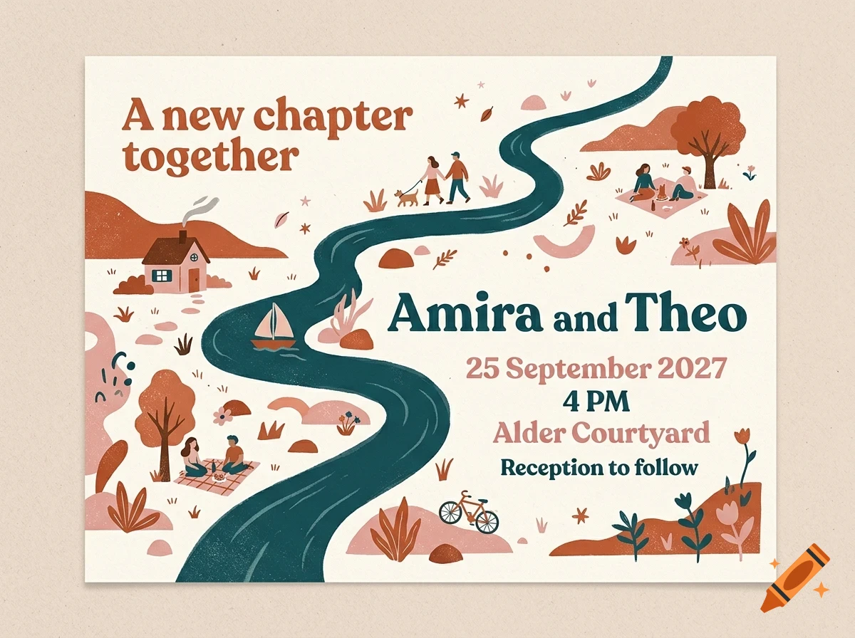 An illustrated invitation card showing a winding river, a house, people picnicking, walking a dog, and text reading 'Amira and Theo' with event details.