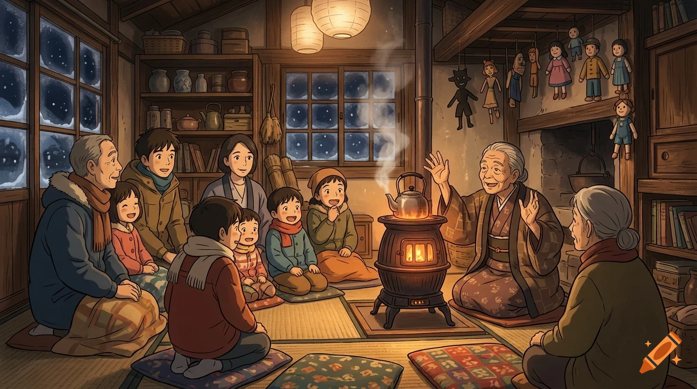 An elderly woman tells a story to a multigenerational family gathered around a warm stove inside a cozy, snow-bound cabin.