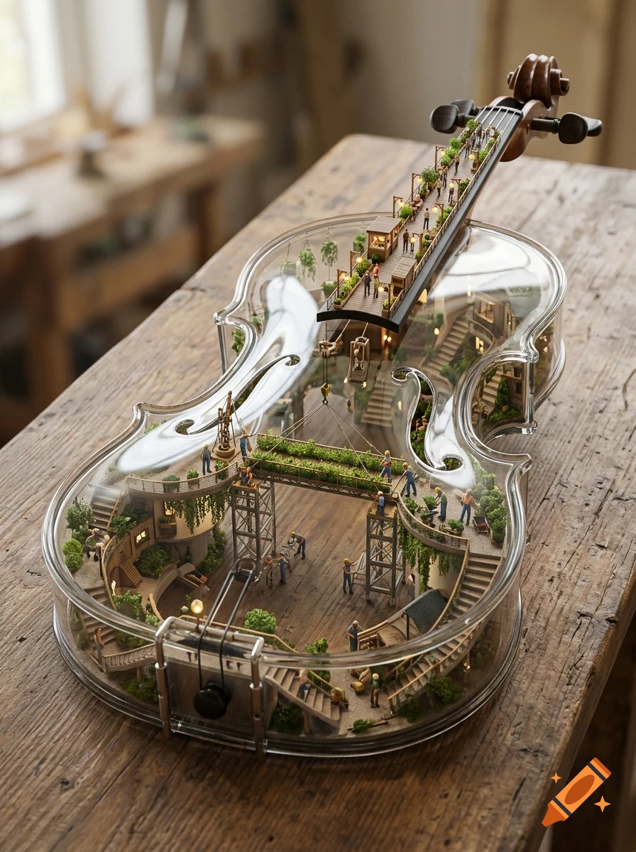 A miniature diorama inside a transparent hollow violin, featuring tiny people, buildings, and green plants on a wooden table.