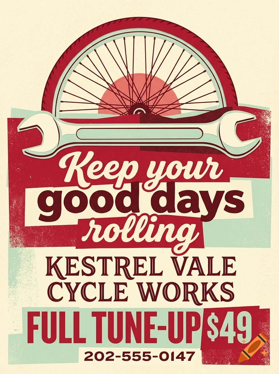 A vintage style advertisement poster featuring a bicycle wheel, a wrench, and text reading 'Keep your good days rolling Kestrel Vale Cycle Works Full Tune-up $49 202-555-0147'.