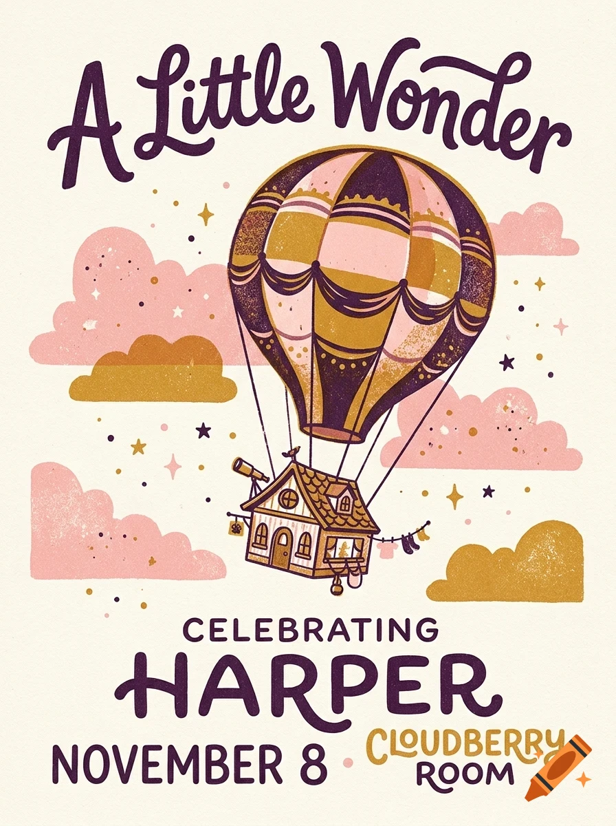 An illustrated poster featuring a hot air balloon carrying a small house through pink clouds and starry skies, with text reading 'A Little Wonder' and 'Celebrating Harper November 8 Cloudberry Room'.