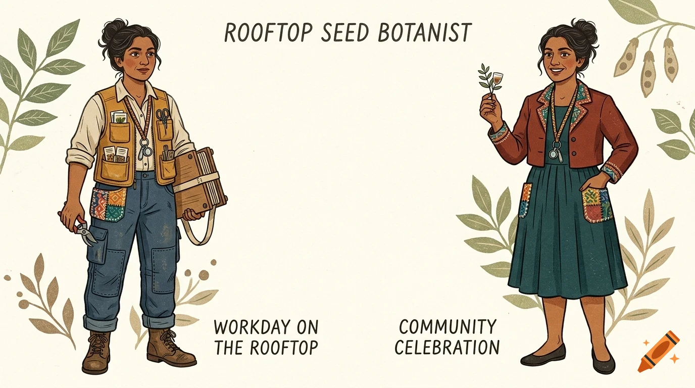 Illustration of a woman in two different outfits representing a rooftop seed botanist working and attending a community celebration.