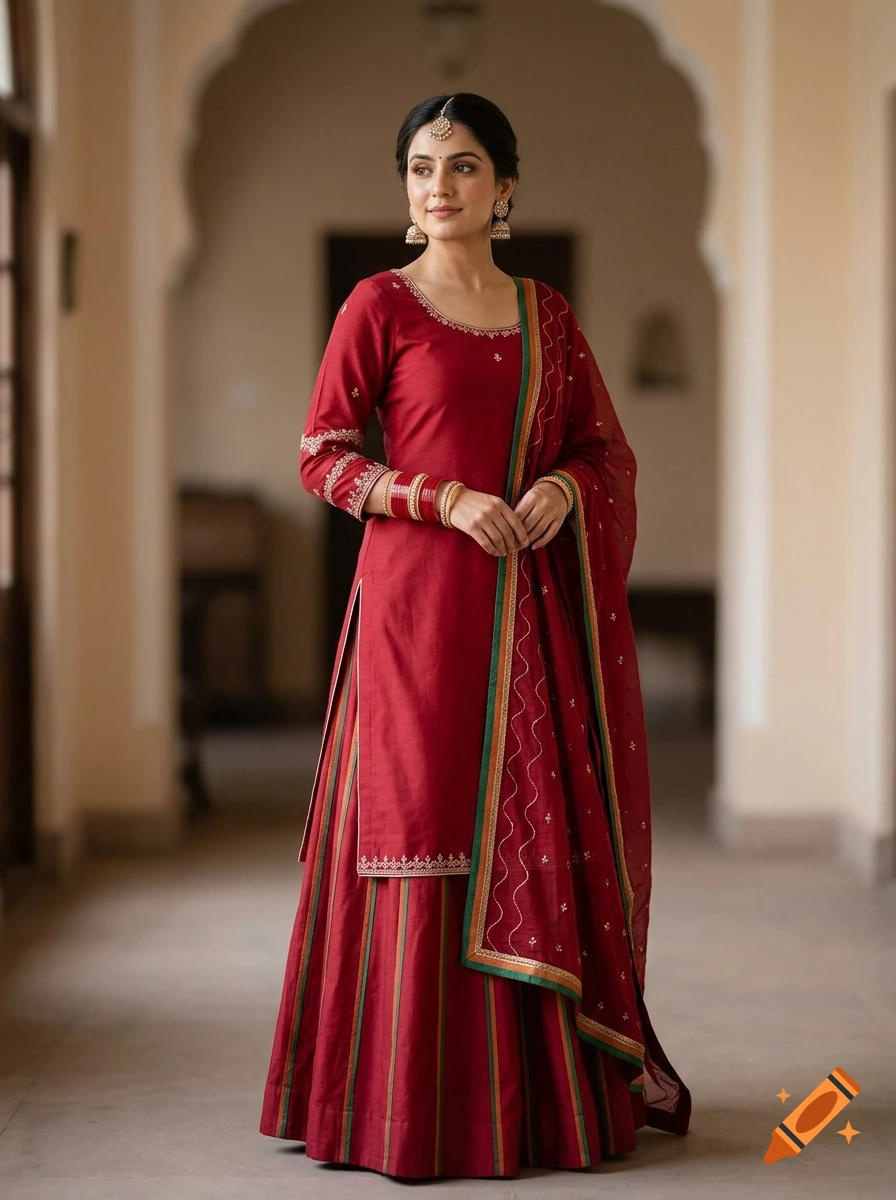 A full-length portrait of a South Asian woman wearing a traditional deep crimson red Punjabi suit and lehenga with intricate borders, standing in a hallway.