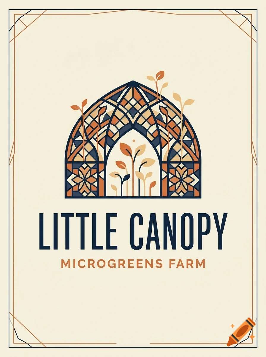 A logo featuring a stained-glass style arch filled with sprouting plants, with the text 'LITTLE CANOPY MICROGREENS FARM' underneath.