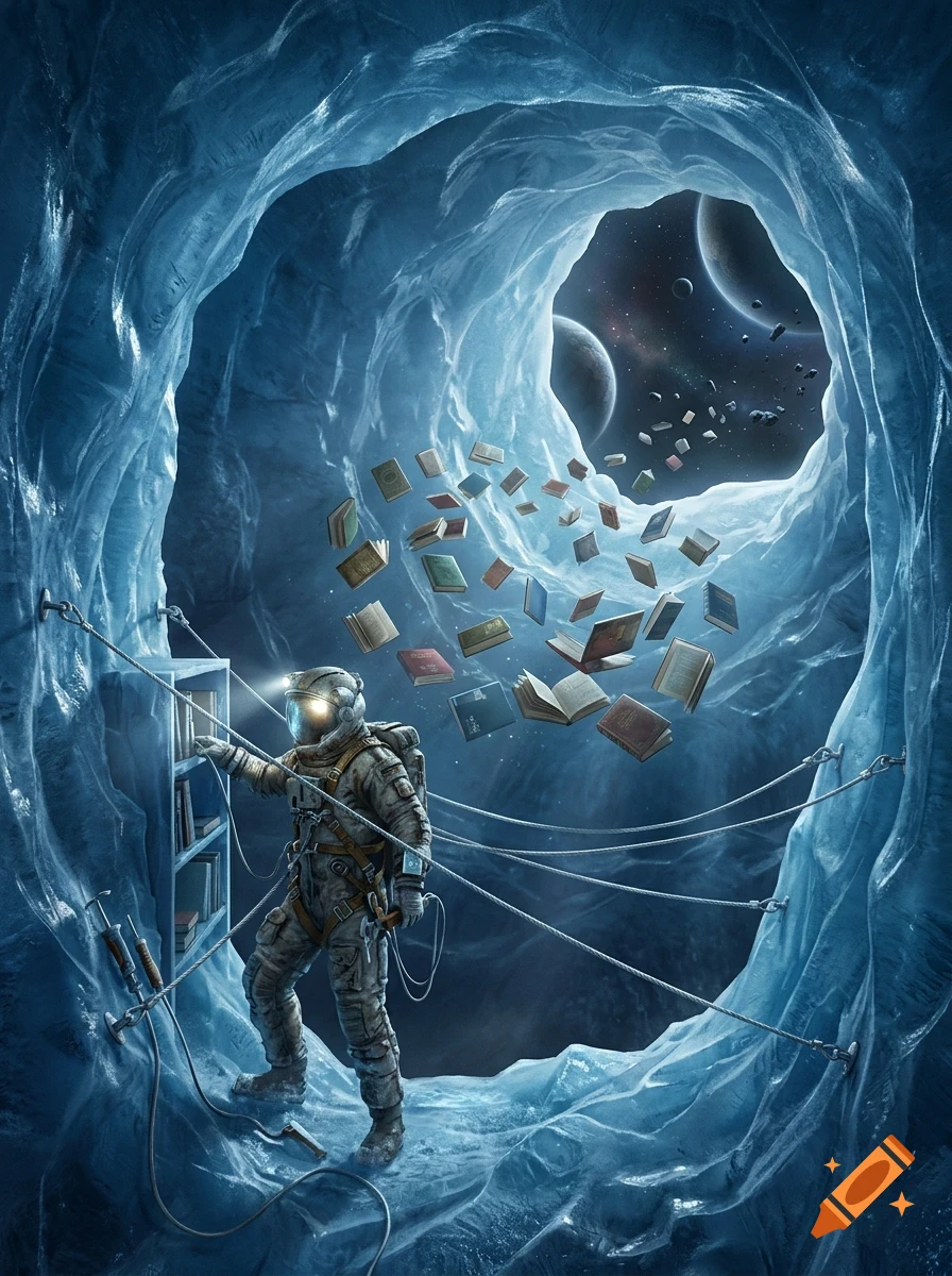 An astronaut inside an icy cave interacting with a bookshelf while books float towards an opening revealing planets and space.
