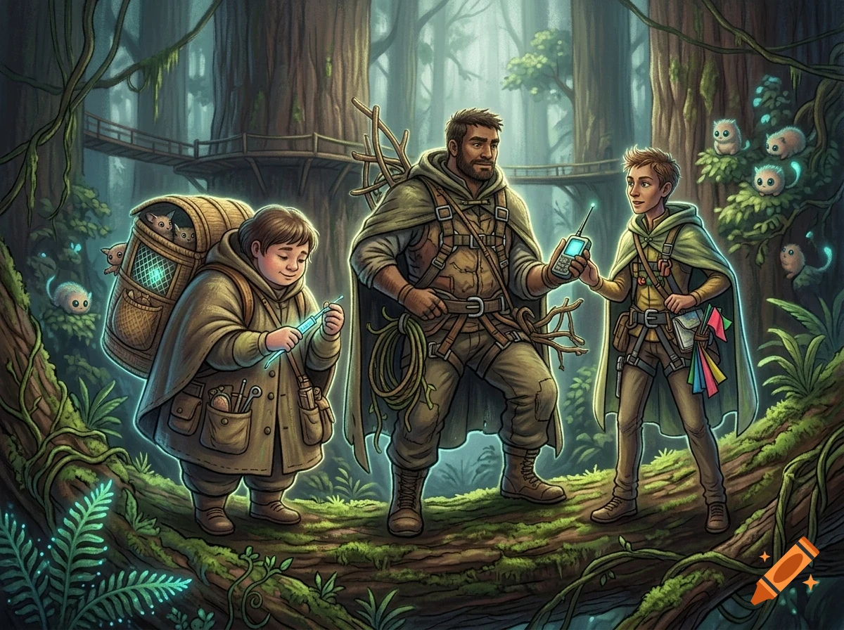 Three adventurers stand on a mossy log in a dense forest, surrounded by glowing small creatures.
