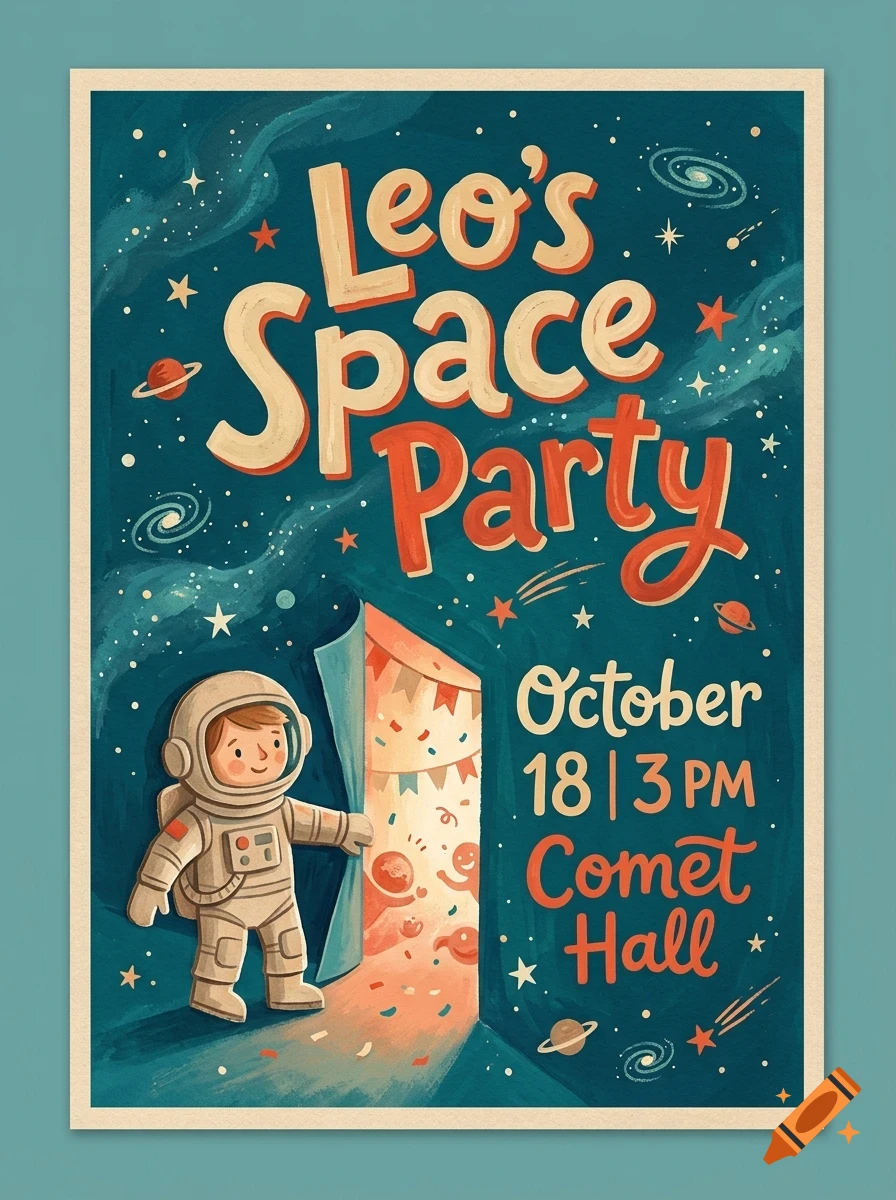 An illustrated poster for a space-themed party featuring an astronaut in a spacesuit opening a curtain, surrounded by stars and galaxies, with lettering reading 'Leo's Space Party'.