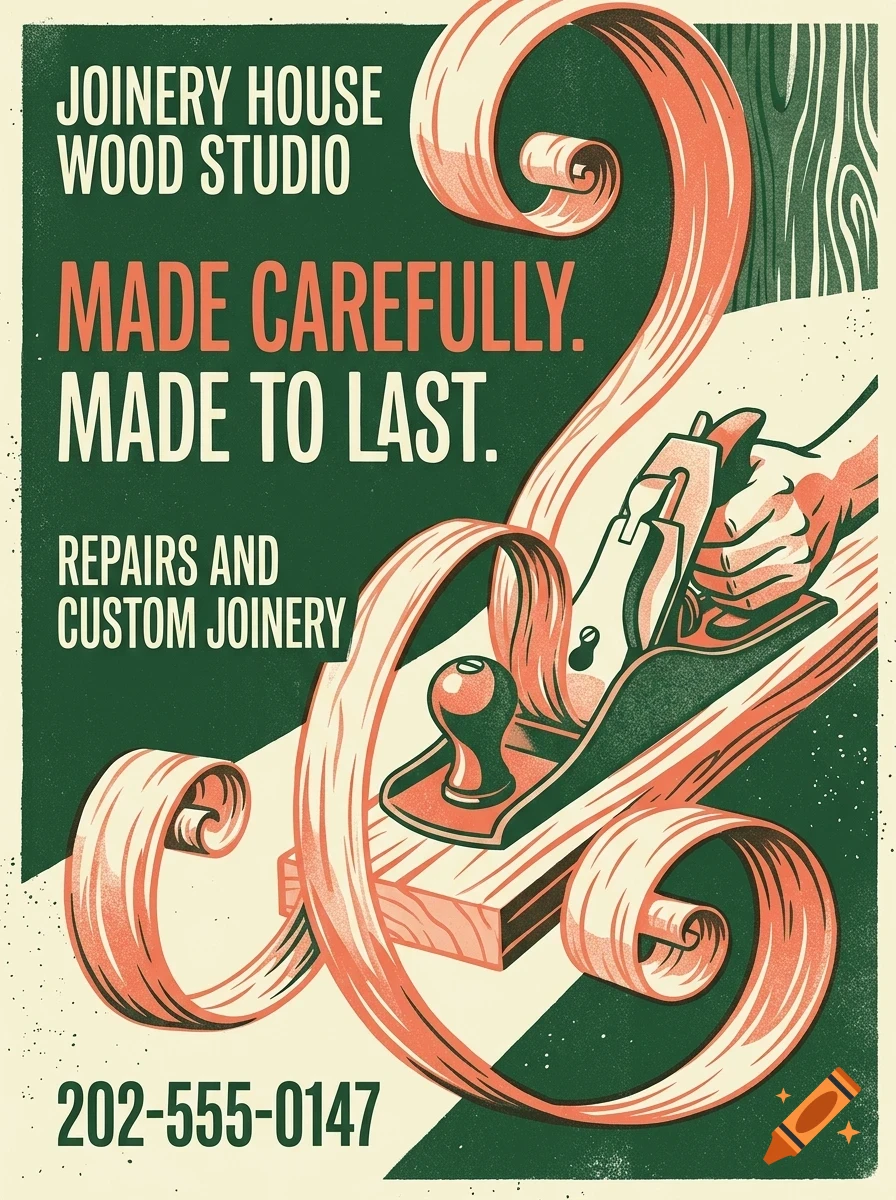 A vintage-style poster for Joinery House Wood Studio depicting a hand using a wood plane on a plank with curled wood shavings and bold typography.