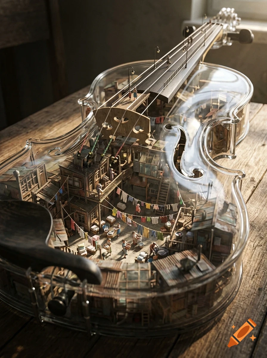 A miniature cityscape inside a transparent violin resting on a wooden table, featuring tiny houses, laundry lines, and people.