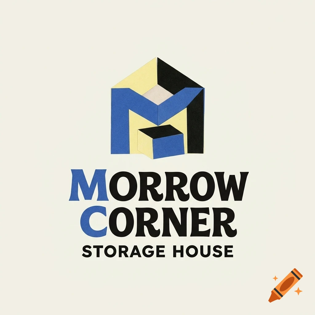 A logo for Morrow Corner Storage House featuring an abstract geometric house shape in blue, black, and cream above the text MORROW CORNER STORAGE HOUSE.
