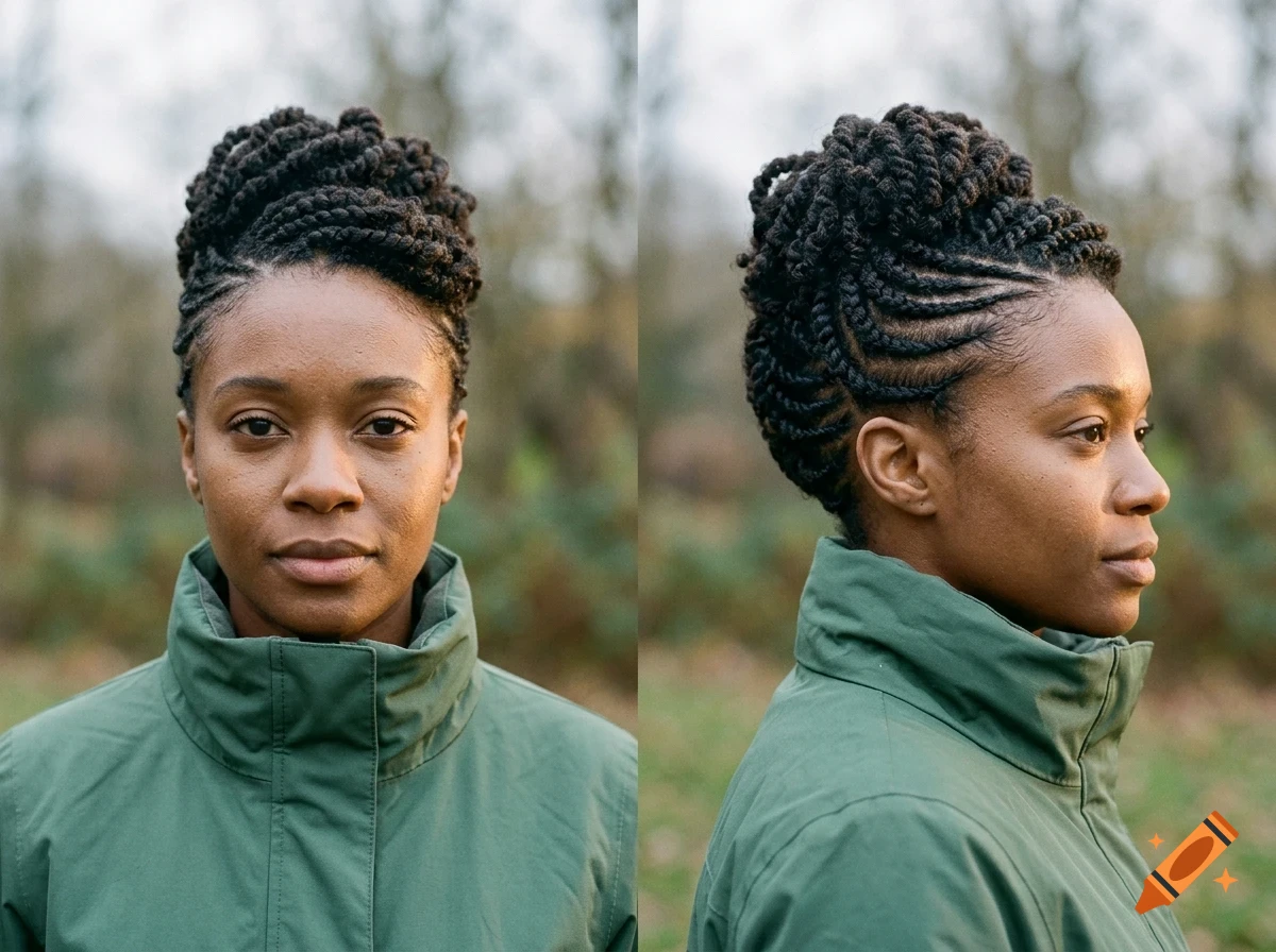 Front and side portraits of a person with braided hair wearing a green jacket outdoors.