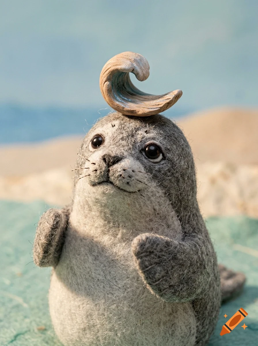 A felt-made toy seal with a small wooden wave sculpture balanced on its head, sitting on a sandy beach.