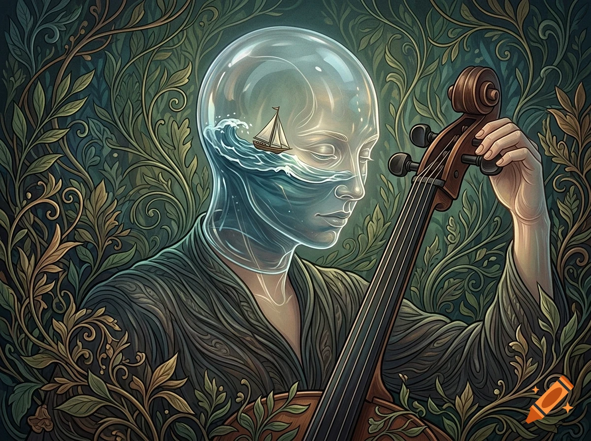 An artistic illustration of a person with a glass head containing ocean waves and a small sailboat, playing a cello amidst a lush botanical background.