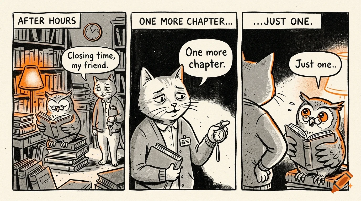 A three-panel comic featuring an anthropomorphic cat and an owl in a library filled with books.