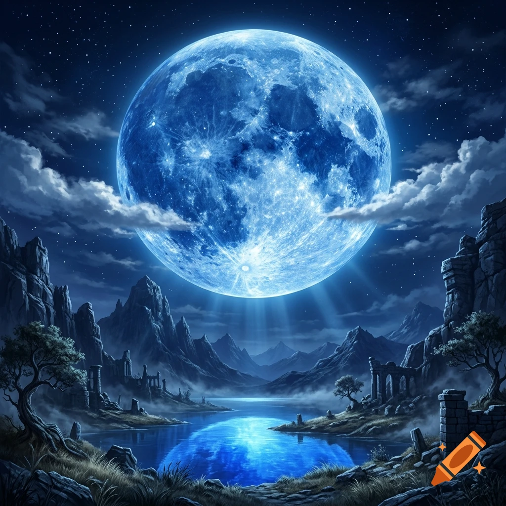 Epic artistic depiction of a large glowing blue moon over a tranquil lake with mountains and ruins under a starry night sky.