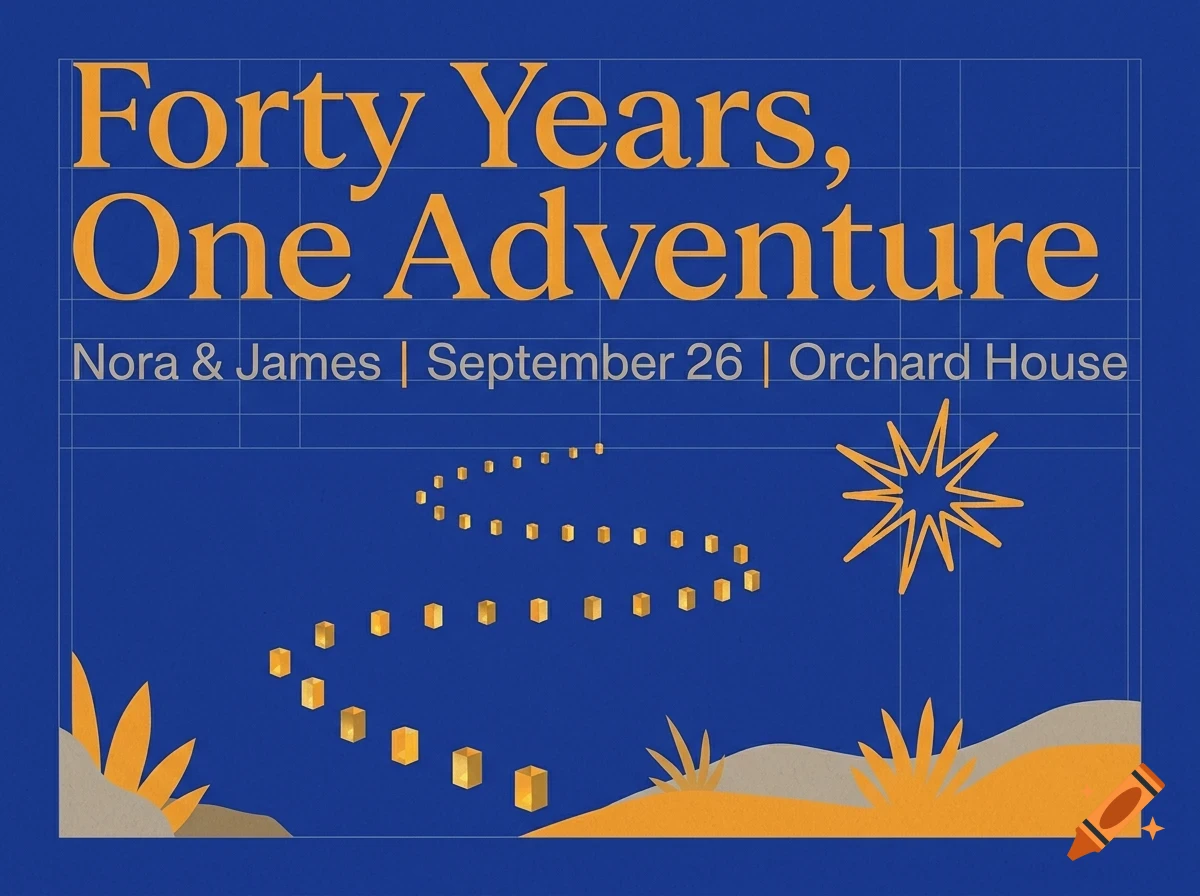 An invitation design featuring the text Forty Years, One Adventure, Nora & James, September 26, Orchard House, with a winding path of lanterns, a star, and foliage on a blue background.