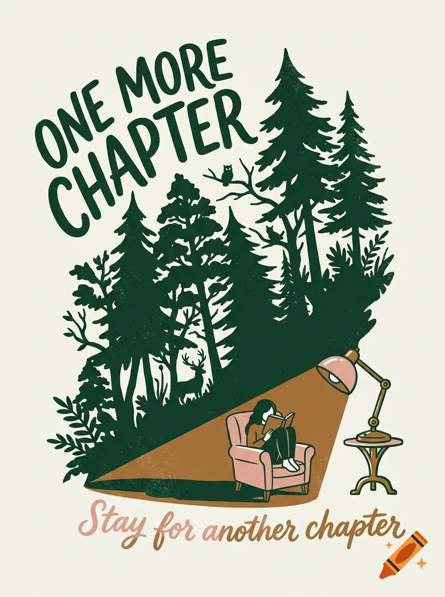 An illustration of a person reading in an armchair under a lamp, with a forest and the text 'One More Chapter' and 'Stay for another chapter'.