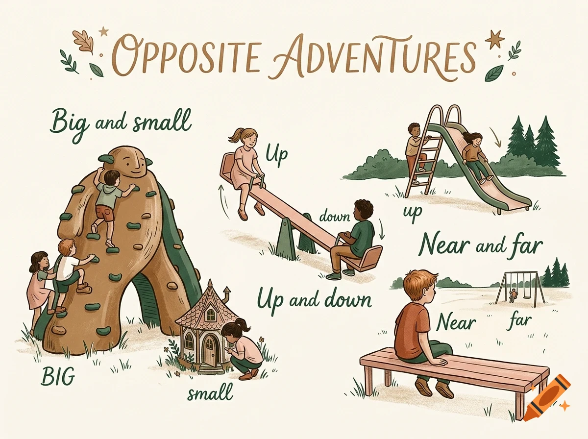 An illustrated educational poster titled 'Opposite Adventures' showing children playing on playground equipment to demonstrate concepts like big and small, up and down, and near and far.