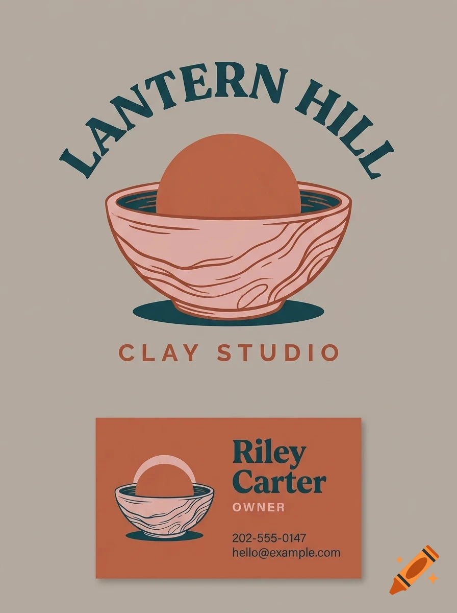 A logo design and business card for Lantern Hill Clay Studio featuring a ceramic bowl with a clay sphere and lettering.